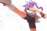  ahoge ass bandaid_on_cheek bare_shoulders bike_shorts black_shorts borrowed_character breasts cameltoe clenched_teeth commentary_request fingerless_gloves gloves green_eyes grin gym_shorts kicking large_breasts long_hair motion_blur original purple_hair shoes shorts smile socks solo standing standing_on_one_leg sumiyao_(amam) teeth twintails umizakura_tachimi white_hair white_legwear 