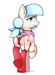  2017 anus blue_eyes butt clothed clothing coco_pommel_(mlp) cutie_mark dock earth_pony equine female feral friendship_is_magic hair hi_res horse legwear looking_at_viewer looking_back mammal multicolored_hair my_little_pony neighday panties pony simple_background smile solo stockings two_tone_hair underwear white_background 