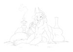  4_ears anthro charr feline female guild_wars halbean hookah mammal multi_ear nude pillow purna_whitewillow simple_background sitting sketch smoking solo video_games 