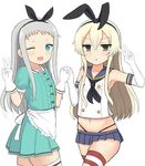  1girl ;3 ;d absurdres apron black_hairband black_panties blend_s blonde_hair commentary cowboy_shot crop_top crossover elbow_gloves gloves green_eyes grey_hair hair_between_eyes hair_ribbon hairband hank_(spider921) highleg highleg_panties highres holding_hands interlocked_fingers kantai_collection kanzaki_hideri long_hair looking_at_viewer microskirt midriff navel one_eye_closed open_mouth otoko_no_ko panties puffy_short_sleeves puffy_sleeves ribbon sailor_collar shimakaze_(kantai_collection) short_sleeves simple_background skirt smile stile_uniform striped striped_legwear thighhighs thong underwear v waist_apron waitress white_background white_gloves 