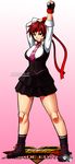  arm_up black_legwear brown_eyes brown_hair commentary_request employee_uniform full_body headband highres jadenkaiba kasugano_sakura logo looking_at_viewer necktie short_hair smile socks solo street_fighter street_fighter_v stretch uniform 