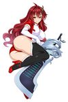  ass between_legs black_legwear breasts elbow_gloves full_body gloves hair_ornament highres kisaragi_setsuna kure_masahiro large_breasts long_hair looking_at_viewer official_art pumps red_eyes red_hair short_sleeves simple_background smile solo sword thighhighs twisted_torso valkyrie_drive valkyrie_drive_-siren- weapon white_background white_gloves 