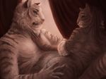  5_fingers anthro butt detailed_background digital_media_(artwork) duo feline female fur hand_on_butt male male/female mammal nude raventenebris striped_fur stripes tiger whiskers 