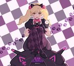  :3 alternate_costume alternate_hair_color alternate_hairstyle animal_ears artist_name black_cat_d.va black_dress black_legwear blonde_hair cat cat_ears character_name checkered checkered_background checkered_legwear d.va_(overwatch) dress fake_animal_ears gothic_lolita imjayu lolita_fashion looking_at_viewer meka_(overwatch) overwatch pantyhose paw_print purple sitting tongue tongue_out twintails whisker_markings 