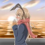  alternate_costume alternate_hairstyle black_hairband blonde_hair blue_coat blush brown_eyes cloud coat commentary_request eyebrows_visible_through_hair from_side hairband highres kantai_collection long_hair long_sleeves looking_afar ocean open_mouth orange_sweater pink_scarf sakuramai_(sakuramai_0525) scarf shimakaze_(kantai_collection) sleeves_past_wrists solo sunset sweater tareme walking warming_hands water wind wind_lift 