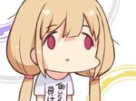  :o bangs blonde_hair clothes_writing cross_eyed eyebrows eyebrows_visible_through_hair face_of_the_people_who_sank_all_their_money_into_the_fx futaba_anzu gears hair_between_eyes hair_tie idolmaster idolmaster_cinderella_girls idolmaster_cinderella_girls_starlight_stage long_hair low_twintails no_nose no_pupils open_mouth pink_eyes shigatake shirt short_sleeves solo t-shirt tareme translated twintails upper_body white_shirt you_work_you_lose 