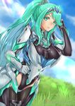  armor blush bodystocking breastplate breasts cowboy_shot giovanni_zaccaria highres jewelry large_breasts long_hair looking_at_viewer pneuma_(xenoblade_2) ponytail sidelocks skin_tight smile solo spoilers xenoblade_(series) xenoblade_2 