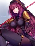  absurdres armor bodysuit breasts chain commentary covered_navel fate/grand_order fate_(series) gae_bolg head_chain highres holding holding_weapon jewelry large_breasts long_hair looking_at_viewer pauldrons polearm purple_bodysuit purple_hair red_eyes scathach_(fate)_(all) scathach_(fate/grand_order) shoulder_armor solo spear veil weapon x-kulon 