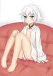  :t arm_support bangs bare_legs barefoot belt belt_buckle black_belt blush breasts buckle closed_mouth collarbone couch eyebrows_visible_through_hair facial_scar fate/apocrypha fate/grand_order fate_(series) feiyyx full_body grey_background grey_eyes hair_between_eyes highres jack_the_ripper_(fate/apocrypha) long_sleeves looking_at_viewer naked_shirt no_bra on_couch open_clothes open_shirt plantar_flexion pout scar scar_across_eye scar_on_cheek shirt short_hair silver_hair sitting sleeves_past_wrists small_breasts solo white_shirt 