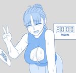  :d after_paizuri ahoge bangs bare_arms bare_shoulders blue blush breasts censored cleavage_cutout closed_eyes commentary cum cum_on_body cum_on_breasts cum_on_upper_body cumdrip ekz_(drawfag) eyebrows_visible_through_hair facing_viewer followers grey_background hand_up highres large_breasts mari_(ekz) monochrome open_mouth original pants parted_bangs penis ponytail shirt simple_background sleeveless sleeveless_shirt smile solo sweat thick_eyebrows v 