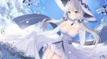  :&gt; ahoge aircraft airplane azur_lane bare_shoulders blue_eyes blush breasts canape_(canape0130) choker closed_mouth cloud collarbone day dress dutch_angle elbow_gloves eyebrows_visible_through_hair garter_straps gloves hat highres illustrious_(azur_lane) large_breasts long_hair looking_at_viewer mole mole_under_eye outdoors silver_hair sky solo sparkle strapless strapless_dress thighhighs tri_tails water_drop white_dress white_gloves white_hat white_legwear 