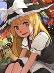  apron autumn bangs black_dress blonde_hair blush bow dress grass hat hat_bow highres kirisame_marisa long_hair looking_to_the_side outdoors permanentlow puffy_sleeves purple_bow shade short_sleeves sitting smile solo touhou tree waist_apron white_bow witch_hat yellow_eyes 