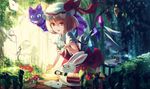  alice_in_wonderland blonde_hair bunny cake card caterpillar_(wonderland) cheshire_cat chocolate_cake club_(shape) cup day diamond_(shape) flandre_scarlet fly_agaric food grin hair_between_eyes hat hat_ribbon heart looking_at_viewer mad_hatter mob_cap monocle mushroom nakaichi_(ridil) outdoors playing_card pocket_watch pouring puffy_short_sleeves puffy_sleeves red_eyes red_ribbon red_skirt ribbon sharp_teeth short_sleeves skirt smile solo striped table tea teacup teapot teeth touhou watch white_hat white_rabbit 