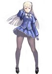  albino blonde_hair blue_skirt bow breasts capcom_fighting_jam capelet commentary_request full_body gloves hairpods highres ingrid johan_(johan13) lips long_hair looking_at_viewer mary_janes medium_breasts pantyhose red_eyes shoes skirt smile solo white_gloves wind wind_lift 