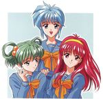  90s blue_eyes blue_hair forearms_at_chest fujisaki_shiori green_eyes green_hair hair_bobbles hair_ornament hairband hand_on_another's_shoulder kokura_masashi long_hair long_sleeves looking_at_viewer multiple_girls nijino_saki non-web_source official_art official_style open_mouth red_eyes red_hair school_uniform short_hair smile tatebayashi_miharu tokimeki_memorial tokimeki_memorial_1 