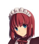  apron bangs blue_eyes blush boa_(brianoa) closed_mouth commentary eyebrows_visible_through_hair face highres hisui looking_at_viewer maid maid_headdress neck_ribbon puffy_sleeves red_hair red_neckwear red_ribbon ribbon sad short_hair solo transparent_background tsukihime upper_body white_apron wing_collar 