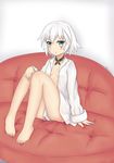 :t arm_support bangs bare_legs barefoot belt belt_buckle black_belt blush breasts buckle closed_mouth collarbone commentary couch dated eyebrows_visible_through_hair facial_scar fate/apocrypha fate/grand_order fate_(series) feiyyx grey_background grey_eyes hair_between_eyes highres jack_the_ripper_(fate/apocrypha) long_sleeves looking_at_viewer naked_shirt no_bra on_couch open_clothes open_shirt plantar_flexion pout scar scar_across_eye scar_on_cheek shirt short_hair signature silver_hair sitting sleeves_past_wrists small_breasts solo white_shirt 