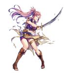 armlet bangs bare_shoulders boots breasts broken broken_sword broken_weapon brown_footwear cross-laced_footwear fingerless_gloves fire_emblem fire_emblem:_seima_no_kouseki fire_emblem_heroes full_body furikawa_arika gloves highres holding holding_sword holding_weapon knee_boots lace-up_boots long_hair looking_away marica_(fire_emblem) medium_breasts official_art one_eye_closed open_toe_shoes parted_lips ponytail purple_eyes purple_hair solo sword thigh_strap toeless_boots torn_clothes transparent_background weapon 