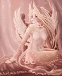  anthro blue_eyes breasts canine detailed_background digital_media_(artwork) eyelashes feathered_wings feathers featureless_breasts female fur mammal raventenebris solo white_feathers white_fur wings 