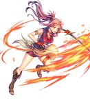  armlet bangs bare_shoulders boots breasts cross-laced_footwear fingerless_gloves fire fire_emblem fire_emblem:_seima_no_kouseki fire_emblem_heroes full_body furikawa_arika gloves highres holding holding_sword holding_weapon knee_boots lace-up_boots left-handed leg_up long_hair looking_away marica_(fire_emblem) medium_breasts official_art open_mouth open_toe_shoes ponytail purple_eyes purple_hair solo sword thigh_strap transparent_background weapon 