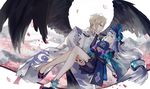  1girl aoandon black_wings blue_eyes carrying daitengu hetero highres lanxee long_hair looking_at_another onmyoji princess_carry wings 