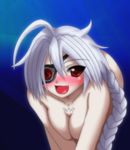 :d ahoge all_fours blazblue blush braid breasts cleavage crawling elzern eyepatch fang large_breasts nu-13 nude open_mouth red_eyes silver_hair smile solo 