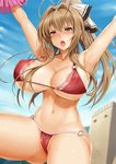  amagi_brilliant_park antenna_hair areolae arms_up ass_visible_through_thighs bikini bouncing_breasts breasts brown_eyes brown_hair cheerleader collarbone hair_intakes janong large_breasts long_hair navel nipples o-ring o-ring_bikini open_mouth pom_poms red_bikini see-through sento_isuzu solo sweat swimsuit thighs 