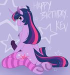  2015 animal_genitalia animal_penis anthro anthrofied birthday breasts clothing cutie_mark deejayhan dickgirl english_text equine equine_penis erection friendship_is_magic hair hi_res hooves horn intersex legwear long_hair mammal multicolored_hair my_little_pony penis purple_eyes purple_skin smile solo striped_legwear stripes text twilight_sparkle_(mlp) underhoof unicorn 