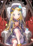  abigail_williams_(fate/grand_order) armchair bangs black_bow black_dress black_hat blonde_hair bloomers blue_eyes bow bug butterfly chair closed_mouth commentary_request dress eyebrows_visible_through_hair fate/grand_order fate_(series) forehead h_shai hair_bow hat head_tilt insect keyhole leg_up long_hair long_sleeves looking_at_viewer noose object_hug orange_bow parted_bangs polka_dot polka_dot_bow red_bow rope signature sitting sleeves_past_fingers sleeves_past_wrists solo stuffed_animal stuffed_toy teddy_bear underwear very_long_hair white_bloomers 