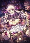  :d artist_name bangs beret black_gloves black_hat blurry book book_stack bookshelf boots bow bowtie capelet checkerboard_cookie clover cookie cupcake depth_of_field dress fate/extra fate/grand_order fate_(series) feathers flower food food_print frilled_dress frills full_body fur_trim gloves grey_hair hair_ribbon hat highres holding holding_book library long_hair long_sleeves looking_at_viewer mushroom_print nursery_rhyme_(fate/extra) on_floor open_book open_mouth plate potion purple_eyes ribbon rosuuri round_teeth sitting smile solo sparkle tareme teapot teeth tiered_tray tray watch watermark web_address wooden_floor 