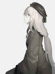  arms_at_sides braid commentary_request dark_souls_iii greyscale hair_between_eyes hat keemu_(occhoko-cho) long_hair looking_at_viewer monochrome painting_woman profile robe single_braid solo souls_(from_software) very_long_hair wide_sleeves 