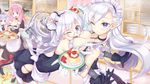  ahoge anchor_hair_ornament apple_slice apron azur_lane belfast_(azur_lane) between_breasts black_gloves blue_eyes blush bow braid breasts chain cherry cleavage collar edinburgh_(azur_lane) eyebrows_visible_through_hair finger_to_mouth food frilled_skirt frills fruit glasses gloves hair_bow hair_ornament head_between_breasts highres ka022k2 kent_(azur_lane) large_breasts lavender_hair long_hair looking_at_viewer maid maid_apron maid_headdress multiple_girls one_eye_closed open_mouth pink_hair pudding red_eyes silver_hair skirt strawberry suffolk_(azur_lane) tears tray whipped_cream white_gloves 