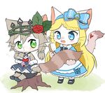  2girls blue_eyes brown_hair cat cat_busters furry green_eyes hair_ribbon multiple_girls short_hair wataboshi 