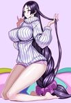  bangs blush boyshorts braid breasts commentary_request fate/grand_order fate_(series) feet hand_in_hair hands_up hips honjou_raita huge_breasts impossible_clothes impossible_sweater kneeling legs long_hair minamoto_no_raikou_(fate/grand_order) parted_bangs pink_shorts purple_eyes purple_hair purple_scrunchie ribbed_sweater scrunchie short_shorts shorts smile soles solo sweater thighs turtleneck turtleneck_sweater very_long_hair white_sweater 