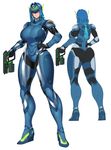  ass blue_eyes blue_hair bodysuit breasts character_sheet forehead_protector gradient_hair gun hand_on_hip highres huge_breasts long_legs low_ponytail multicolored_hair multiple_views original power_armor science_fiction space_jin thick_thighs thighs turnaround weapon wedge_heels wide_hips zoe_(space_jin) 