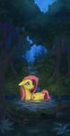  1jaz 2018 bathing cute detailed_background equine eyelashes feathered_wings feathers female firefly fluttershy_(mlp) forest friendship_is_magic grass hair half-length_portrait hi_res leaves log long_hair makeup mammal mascara moonlight moss my_little_pony nature night nude outside pegasus pink_hair plant portrait reflection river rock shrub signature sky solo teal_eyes text tree water wet wings wood 