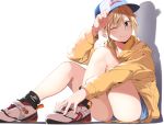  1girl amu_(258shin) arm_up bangs bare_legs baseball_cap black_legwear blonde_hair blue_eyes blush closed_mouth commentary_request denim denim_shorts full_body hand_on_headwear hat head_tilt highres hood hood_down hooded_sweater knees_up long_sleeves looking_at_viewer one_eye_closed original shadow shoes short_shorts shorts simple_background sitting smile sneakers socks solo sweater white_background yellow_sweater 