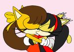  anthro black_hair blush body_holding brown_hair cat clothing duo eyelashes eyes_closed feline female female/female fur girl/girl hair hairband honey_the_cat kissing mammal manx manx_cat sammychan816 simple_background sonic_(series) sonic_x-treme tiara_boobowski video_games yellow_fur 