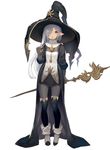  bangs black_cape black_legwear cape commentary_request grey_hair hand_up hat holding holding_staff keemu_(occhoko-cho) long_hair looking_at_viewer multicolored_shirt original pantyhose pointed_boots pointy_ears simple_background solo staff thighhighs very_long_hair white_background 