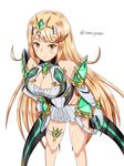  armor blonde_hair blush breasts cleavage dress gloves highres hikari_(xenoblade_2) large_breasts long_hair looking_at_viewer samu_poteto smile solo white_background xenoblade_(series) xenoblade_2 yellow_eyes 