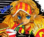  blue_eyes dark_skin doubutsu_no_mori drink earrings food freckles french_fries hamburger jewelry long_hair marker_(medium) millipen_(medium) nazu_(lovemofy) open_mouth personification portrait solo star teeth traditional_media twintails wendy_(doubutsu_no_mori) 