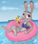  2016 3_toes 4_fingers alcohol anthro bendy_straw beverage cherry clothing digital_drawing_(artwork) digital_media_(artwork) dipstick_ears disney eyelashes female food fruit fur grey_fur half-closed_eyes hi_res holding_glass holding_object inner_tube island judy_hopps lagomorph lemon looking_at_viewer mammal open_mouth open_smile outside pink_nose purple_eyes rabbit signature smile solo specky-arts straw swimsuit toes tropical two-piece_swimsuit water zootopia 
