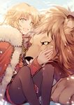  :d absurdres animal bangs black_legwear black_shirt black_shorts blonde_hair braid cloak eyebrows_visible_through_hair fang fate/grand_order fate_(series) fur-trimmed_cloak green_eyes highres jacket lion long_sleeves looking_away mordred_(fate) mordred_(fate)_(all) open_mouth pantyhose red_cloak red_jacket red_ribbon ribbon shirt short_shorts shorts sitting smile solo yellow_eyes yorukun 
