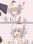  1girl 2koma animal_ears closed_eyes comic dadamori detached_sleeves fang hat heart inubashiri_momiji japanese_clothes open_mouth out_of_frame petting pom_pom_(clothes) red_eyes ribbon-trimmed_sleeves ribbon_trim silver_hair simple_background smile sparkle tail tail_wagging tassel tokin_hat touhou translated wide_sleeves wolf_ears wolf_tail 