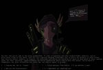  black_background clothing dialogue fangs green_eyes headwear keebles male reptile scalie science_fiction simple_background standing text weapon 
