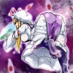  ass bent_over blonde_hair breasts dress feet from_behind hat hat_ribbon large_breasts long_hair long_sleeves mob_cap no_shoes ototobe pantyhose purple_background purple_eyes purple_legwear red_ribbon ribbon sketch smile soles solo tabard toes touhou white_dress white_hat wide_sleeves yakumo_yukari 