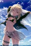  absurdres apron arms_up artoria_pendragon_(all) artoria_pendragon_(swimsuit_rider_alter) ass_visible_through_thighs backlighting bangs bikini black_bikini black_legwear blonde_hair blue_sky bow bowtie breasts choker cloud cloudy_sky cowboy_shot day eyebrows_visible_through_hair fate/grand_order fate_(series) fisheye frilled_apron frills hair_between_eyes highres holding hood hoodie jacket leg_garter legs_apart long_sleeves looking_at_viewer maid_bikini maid_headdress navel ocean open_clothes open_hoodie open_jacket outdoors outstretched_arms page_number parted_lips scan see-through short_hair sidelocks sky small_breasts smile solo swimsuit thighhighs thighs waist_apron water water_drop yasuyuki yellow_eyes 