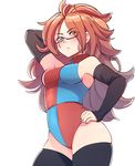  1girl ahoge android_21 arm_up arm_warmers bare_shoulders blue_eyes blush breasts brown_hair coolisushi dragon_ball dragon_ball_fighterz glasses half-closed_eyes hand_on_hips highres leotard long_hair medium_breasts pose sleeveless solo thighhighs thighs very_long_hair 
