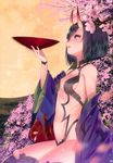  absurdres bare_shoulders black_hair black_legwear breasts cherry_blossoms cloud cloudy_sky cup fang fate/grand_order fate_(series) full_moon highres holding horns japanese_clothes kimono looking_up moon navel night night_sky off_shoulder oni oni_horns outdoors page_number petals purple_eyes ribs sakazuki scan short_hair shuten_douji_(fate/grand_order) sitting sky small_breasts smile solo thighhighs wide_sleeves yasuyuki 