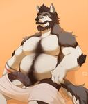  anthro balls beard canine coyote erection facial_hair long_foreskin male mammal nude o-ro penis slightly_chubby solo uncut unretracted_foreskin wolf 
